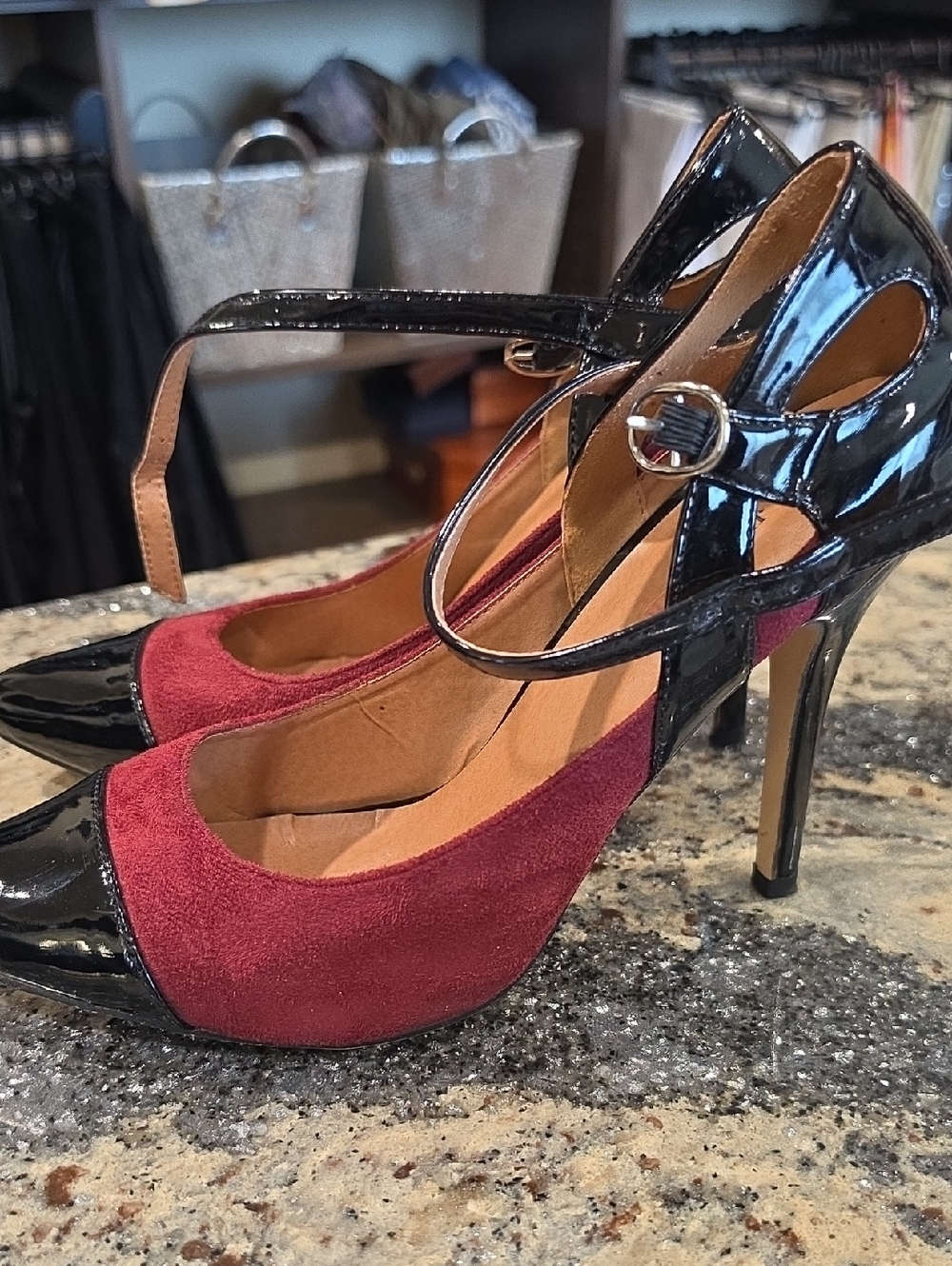 JustFab Burgundy Suede & Black Patent Mary Jane Heels